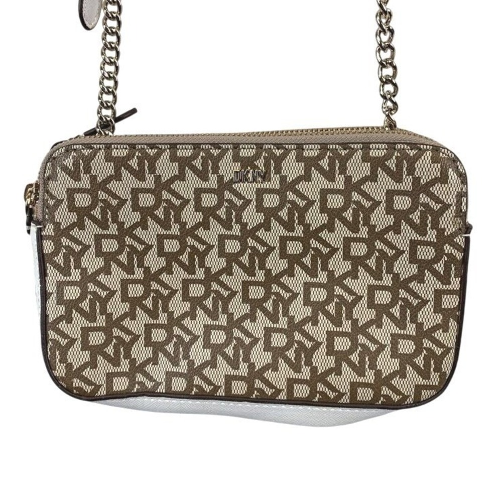 DKNY Veronica Double Zip Crossbody Bag Women's Small Logo Jacquard Tan NWT